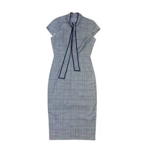 Elegant Navy Blue & Black Glen Check Plaid Midi Dress Tie Detail Alexia Admor XS